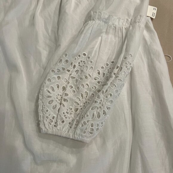Anthropologie White Cotton Eyelet Lantern Sleeve Off-Shoulder Boho Dress Sz 12 - Picture 14 of 16